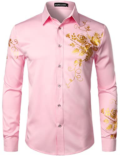 PARKLEES Camicie da uomo a maniche lunghe slim fit con ricamo a vita bassa, Zzcl63-rosa, XXL
