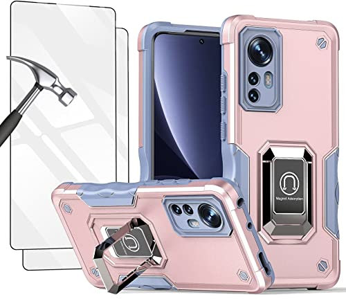Jeelar Handyhülle für Xiaomi 12/12X,PC+TPU Militär Handy Hülle Stoßfeste Cover Case mit Ständer/Kameraschutz/Magnetische Autohalterung,Schutzhülle mit 2 Gehärtetes Glas Bildschirmschutz,Roségold