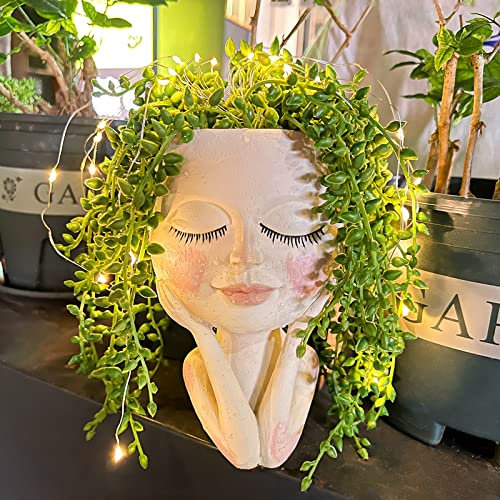 lifemet Vaso da fiori a energia solare, con testa grassa, con LED, impermeabile, in resina con foro di scarico, con occhi chiusi, da donna, per interni, esterni, balcone, decorazione da giardino