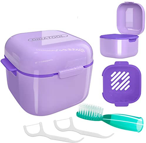 DIDATOOL Prothese Box, Prothesendose, Zahnprothesen Box mit Filter, Prothesen mit Fingerzahnbürste für die Aufbewahrung und zum Eintauchen Zahnersatz Reinigungsbäder (Violett)