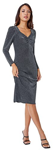 Roman Originals Shimmer Stretch Knot Detail Dress for Women UK - Ladies Everyday Holiday Autumn Winter Pull-On V Neck Long Sleeves Comfy Soft Evening Vacation Work Party - Silver - Size 16