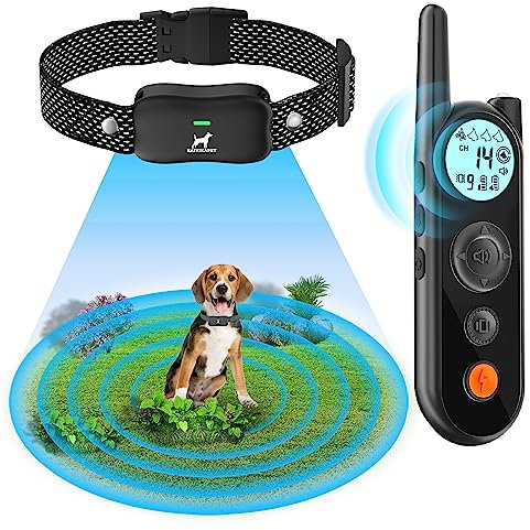 KAIYIKAPET Clôture Électronique et Collier pour Chien avec 14 Niveaux Distance (8-1050m), Système de Clôture, Collier de Dressage pour Chien avec Mode Vibration, Son, Choc, IPX7 Résistant à L’Eau