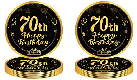 Pappteller 70 Geburtstag,16 Stück Einwegteller Geburtstag,23cm Pappteller Einweg für Junge mädchen,Schwarz und Gold Pappteller·für PartyGeburtstag,Happy 70th Birthday Einwegteller für 70Geburtstag