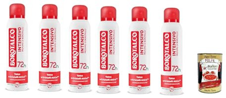 6x Borotalco Intensivo deo Deodorant-Spray, Formel ohne Alkohol und mit aktivem Crystal Talk, Talkumpuderduft, 72h Wirkungsdauer 150 ml + Italian Gourmet Polpa 400g