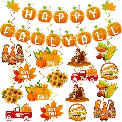 Herbst-Party-Dekorationen, Banner und hängende Wirbel, Erntedankfest, hängende Dekorationen, Happy Fall Yall Banner und Herbst Kürbis hängende Deckenschlangen für Zuhause drinnen draußen Herbst