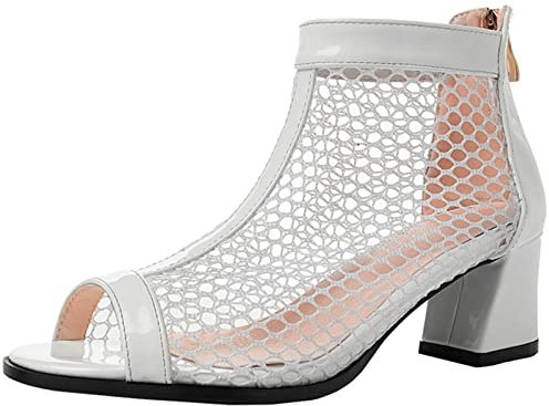 Vrupons Los botines de verano para mujer están hechos de malla con punta abierta y tacones gruesos, blanco 1, 38 EU