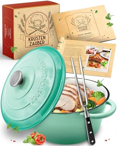 KRUSTENZAUBER Pentola in ghisa [con forchetta per carne] – alta qualità 24 cm adatta al forno – ideale arrosto con coperchio adatto al forno, pentola a induzione, pentola smaltata, pentola per arrosto