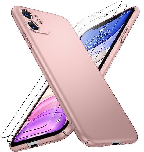 Natiiozie Ultra Dünn Handyhülle für iPhone 11 Hülle PP Case mit 2 Stück Panzerfolie, Slim Leicht Hartschale mit Voll Kameraschutz Kratzfeste Matt Hülle für iPhone 11 Schutzhülle - Roségold