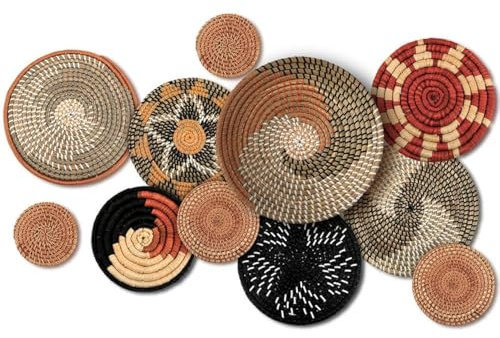 Boho-Wandkorb, Dekoration, dekorativer Bulrush gewebter Korb, Wanddekoration, Boho-Kunst, runde Bauernhaus-Hängekörbe für Küche, rustikale Sommerdekoration, verschiedene Größen (klassisch), 11 Stück