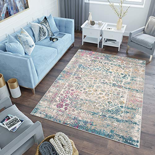 TAPISO Lazur Tapis Poil Ras Moderne Bleu Gris Rose Jaune Géométrique Motif Vintage Ornamental Bordé Tapis Salon Chambre Adulte Salle à Manger Bureau Oeko-TEX Résistant 80 x 150 cm