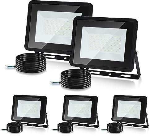 Herrselsam 100W Strahler Außen, 5 Stücke 8500LM Superhell Fluter IP66 Wasserdicht, 3000K Warmweiß LED Scheinwerfer, Außenleuchte für Innen&Außen (Kein Stecker)