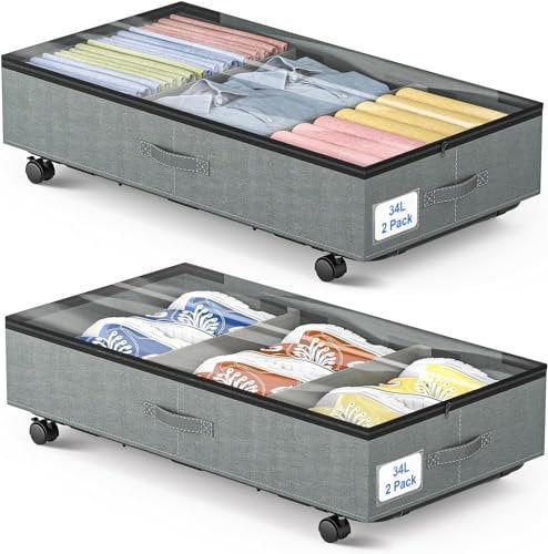 2 Stück Unterbett Aufbewahrungstasche, Aufbewahrungsbox mit Rollen, Faltbare Unterbettkommode mit Reißverschlüssen und Deckel, Unter Bett Kleideraufbewahrung Organisation für Bettdecken Kleidung, Grau