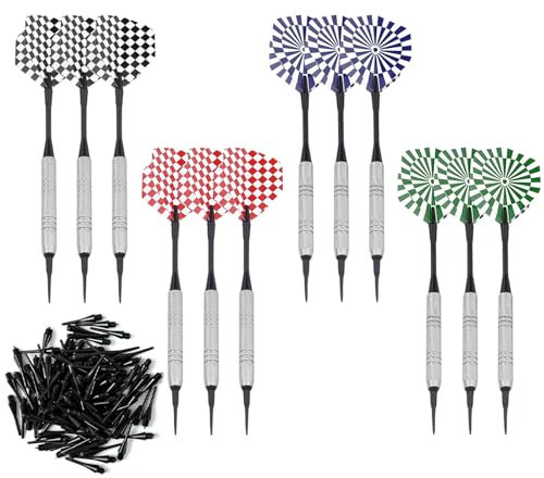 FYting 12 Stück Dartpfeile,Dartpfeile mit Kunststoffspitze 100 Stück,Dart Zubehör,Softdart Pfeile mit Dartspitzen Kunststoff für Elektronische Dartscheibe(14g)