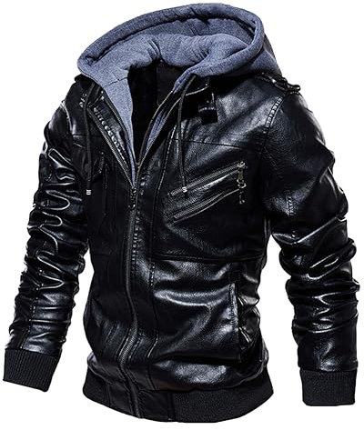 Oanviso Herrenjacke Lederjacke Warme Mantel Winter Jacken mit Kapuze PU Leather Jacket Herbst Mäntel Motorrad Kunstleder Jacket mit Zip Bikerjacke Männer A Schwarz M