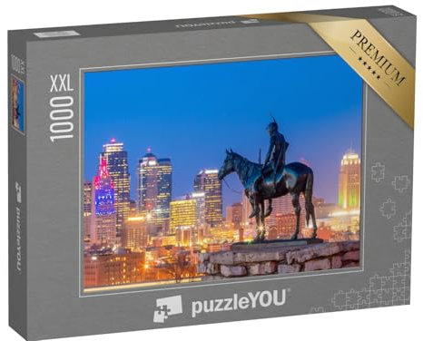 Puzzle 1000 Teile XXL „Statue Scout vor der Skyline von Kansas City, USA“ – aus der Puzzle-Kollektion USA, Amerika