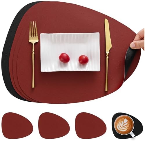 Myir JUN Tischsets Leder und Untersetzer, Tischsets Abwaschbar Rund Doppelseitigen rutschfest Platzdeckchen Leder Kunstleder Tischset Lederoptik Platzset (Rot Schwarz, Satz von 4)