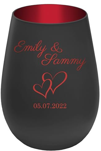 Personalisierbares Windlicht ''Verschlungene Herzen'' - Schwarz/Rot - gravierter Glas Teelichthalter - Höhe 12 cm - Persönliche Geschenk Idee Hochzeit Valentinstag