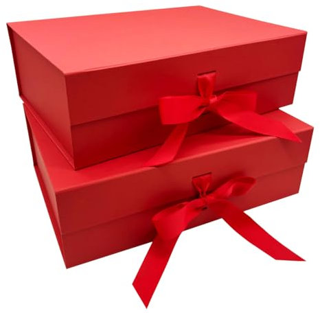 2Pack Large Gift Box 31x22x10cm - Red Luxury Premium Present Box with Magnetic Lid & Silk Ribbon, Specially Designed for Holidays Wedding Birthday Anniversaries Gift Packaging
