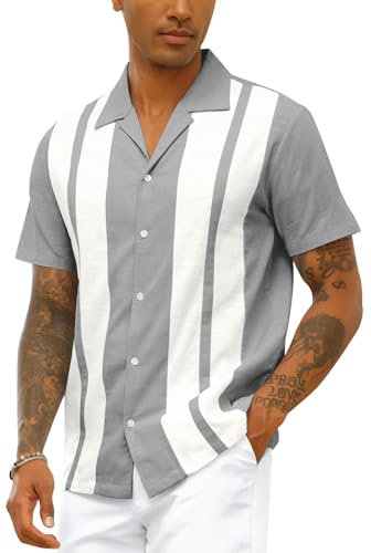 Mens Vintage Bowling Shirt Cotton Linen Beach Shirts Short Sleeve Striped Button Down Summer Tops Hawaiian Shirts Grey XL