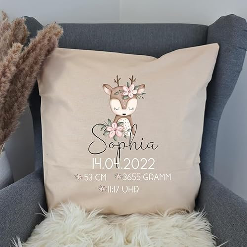 Nessy's Kreativ Fabrik/Babygeschenk mit Geburtsdaten personalisiert - mit Namen als Geschenk - Namenskissen für Baby's Jungen & Mädchen / 100% hochwertige Baumwolle/Geburt Sophia (Beige)