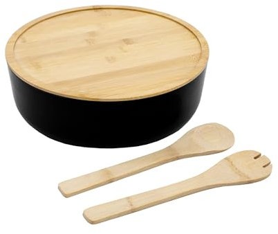 XXL Salatschüssel inklusive Bambus Besteck 30 cm - schwarz - Kunststoff Schale groß mit Holz Deckel - Rührschüssel Servierschüssel Schüssel mit Servierbesteck für Obst Salate Desserts lebensmittelecht