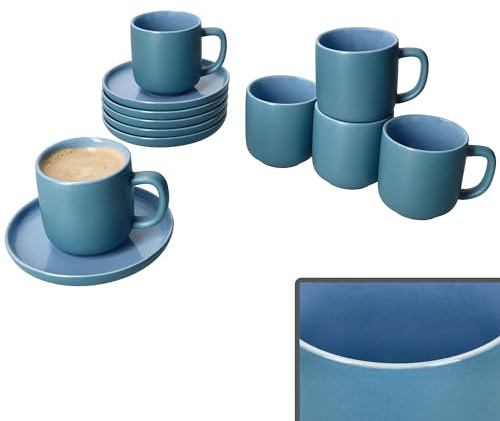 Ritzenhoff & Breker Jasper - Set di 6 tazze da caffè con piattini blu oceano, per 6 persone, in gres, per colazione e caffè, 6 tazze piccole da 70 ml, altezza 6 cm e piattini
