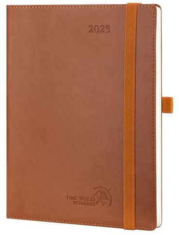 POPRUN Terminplaner 2025, A5, Wochenansicht (22 x 16,5 cm), PU-Leder, weicher Einband, vertikaler Wochen-Terminplaner, 25 Arbeitsplaner, monatliche Registerkarten, 100 g/m² Papier (braun)