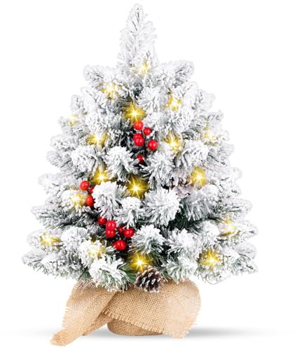 Tabletop Christmas Tree, 20 inch Artificial Mini Christmas Tree with LED Lights, Snowy Spruce Xmas Tree with Pine Cones and Red Berries, Holiday Desktop Christmas Decorations,Burlap Base