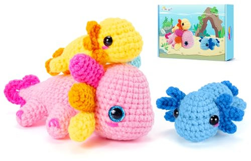Häkelset für Anfänger, Axolotl Häkelset für Erwachsene und Kinder, Stricksets, komplettes Häkelset mit Schritt-für-Schritt-Video-Tutorials, 3-teiliges Axolotl-Häkeltier-Set, Überraschungsgeschenk