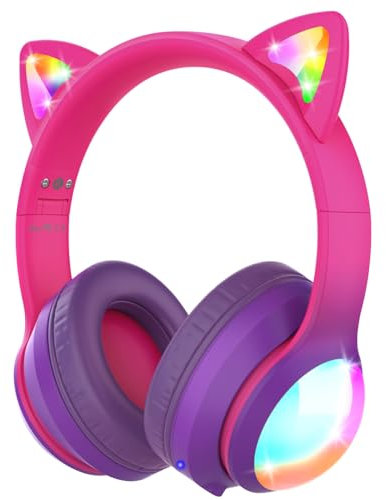 FosPower Kids Bluetooth 5.2 Headphones with LED Cat Ears (85/94dB Volume Limit & 100H Play Time) Foldable Wireless/Wired Headset with 3.5mm Cable for School/Travel - Hot Pink/Purple