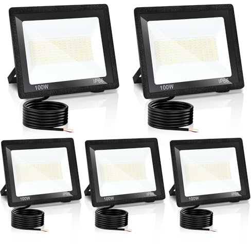 Yakimz 5er LED Strahler Außen, 100W Superhell Außenbeleuchtung Fluter, 3 Einstellbare Farbtemperatur, Scheinwerfer, IP66, Abstrahlwinkel 120° Flutlichtstrahler für Hof, Garage, Garten