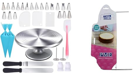 Cake Turntable 12 Inch, Uten Cake Stands, Aluminium Cake Decorating Display Stand, 33pcs Cake Decora & PME 12 Cake Leveller, Silver