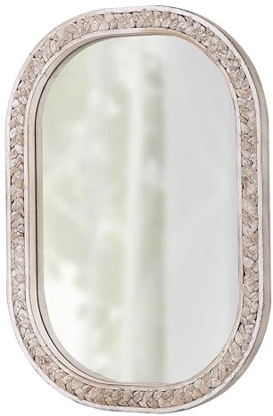 Sintosin Boho-Rattan-Spiegel für Badezimmer, oval, 40,6 x 61 cm, hängend, abgenutzter weißer Holzspiegel, Bauernhaus-Spiegel für Wanddekoration, ästhetische Wandspiegel, dekorativ, horizontal oder
