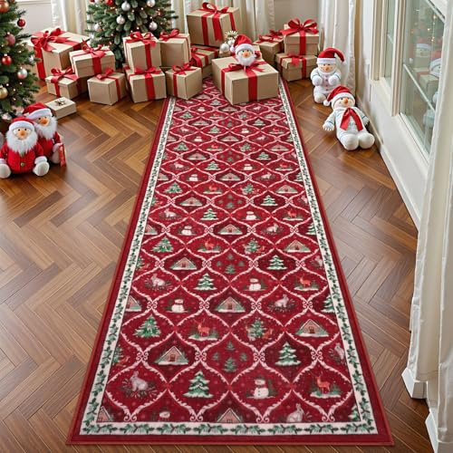 Sivilife Christmas Rug Runner for Hallways Non Slip, 2x8 Washable Kitchen Rug, Red Bathroom Runner With Rubber Backing, Xmas Carpet for Bedroom Entryway Laundry Decor