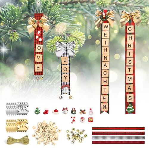 Naler Christmas Decorations Set Indoor Christmas Decorations White Gold Christmas Bows with Alphabet Beads,Decorations Mental Jingle Bells Ornaments,Bows,Ribbon Wired, for Holiday Xmas Tree