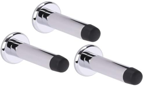DIRECT DOOR HANDLES® (Pack of 3no.) 75mm Projection Skirting or Wall Mounted Door Stop Concealed Fix with Rubber Buffer in Polished Chrome with Fixing Screws