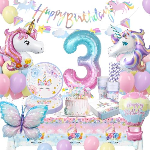 Vajilla para Fiesta de Unicornio, Mariposas 3 Años Fiesta Cumpleaños Niñas, Unicornio Vajilla Cumpleaños Decoracion Incluye Platos Taza Servilletas para 3 Años Cumpleaños 16 Invitados
