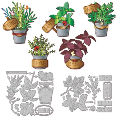 GLOBLELAND Stanzformen Mit Eimerpflanzen Für DIY Scrapbooking Metall Duftende Kräuter Stanzformen Wörter Stanzungen Für Kartengestaltung Prägung Fotoalbum Basteldekor