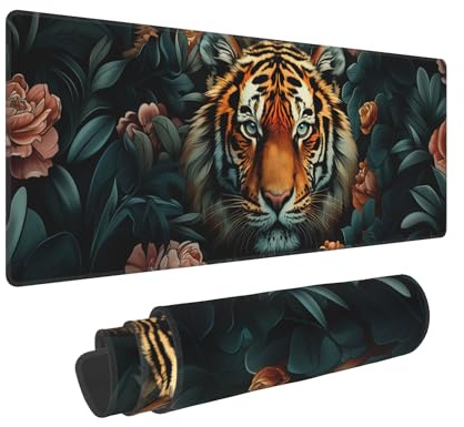 Tiger Gaming Mouse Pad Large Desk Mat Extended Mousepad XXL Waterproof Keyboard Pads with Stitched Edges Non-Slip Rubber Base for Game Office Home Decor 31.5x11.8