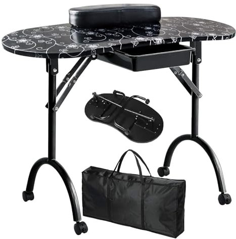 GAENZA Mesa De Manicura Portátil Plegable Mesa De Manicura Escritorio De Uñas Estación De Uñas con Cajón Grande/Almohadilla para La Muñeca del Cliente/Ruedas Controlables/Maletín De Transporte,01