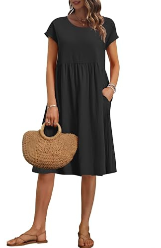 AUSELILY Women's Summer Short Sleeve Knee-Length Dresses with Pockets | Round Neck, Cap Sleeves, Oversize Shift A-line Loose-fit Dress