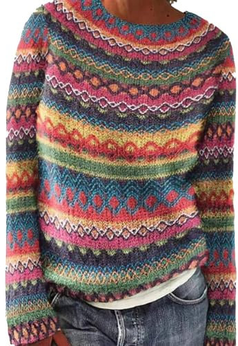Pull Norvégien Femme Grande Taille, Pull Femme Hiver Norvégien, Chaud Pullover Col Rond pour Femme Mohair, Pull Jacquard sans Capuche Femme, Sweater Oversize Vintage à Motif Tricoté, Pull Irlandais