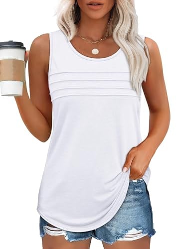 Chicrise Canottiera Donna Estiva Piega T Shirt Senza Maniche Scollo Rotondo Tunica Lunga Elegante