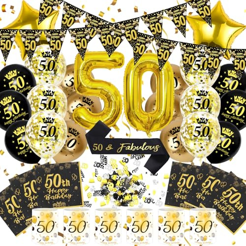 50 Geburtstag Deko Männer Frauen, Schwarz Gold Zahlenballon 50. Geburtstag | Geburtstagsdeko 50 Jahre, Schwarz Gold Party Deko, Happy 50th Birthday Banner, 32 Zoll Zahlenballons, Schärpe und Ballons