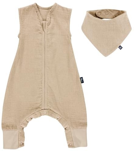Alvi Sommer-Schlafsack mit Füßen Musselin/Sleep-Overall Light Mull + GRATIS Halstuch - Sand-Beige - Gr. 70 cm