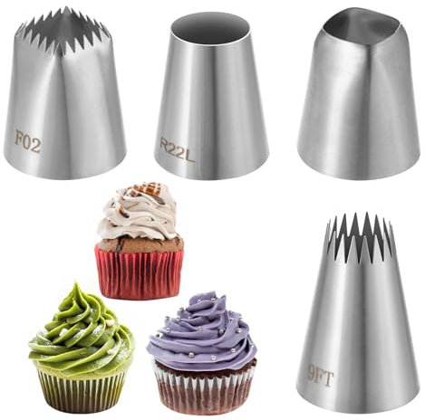 Lot de 4 douilles à douille en acier inoxydable pour poche à douille - Grande forme ronde - Étoile carrée - Large douille XL - Douilles professionnelles géantes pour décorer des gâteaux, cupcakes