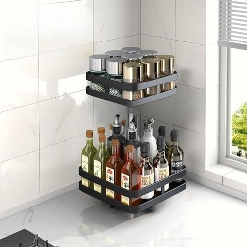 Shakub Gewürzregal Drehbar, 2 Etagen Küchenregal Stehend 360° Gewürze Organizer Schwarz Küchenregal Lazy Susan Gewürzständer für Gewürzgläser, Kosmetik(2-stöckiges)