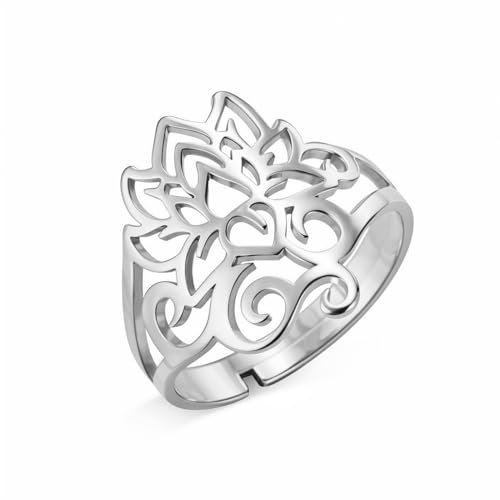 kkjoy Bague Fleur de Lotus en Acier Inoxydable Bague de Promesse Symbole de Yoga Bijoux Amulette pour Femme Charmante Dames (Argent)