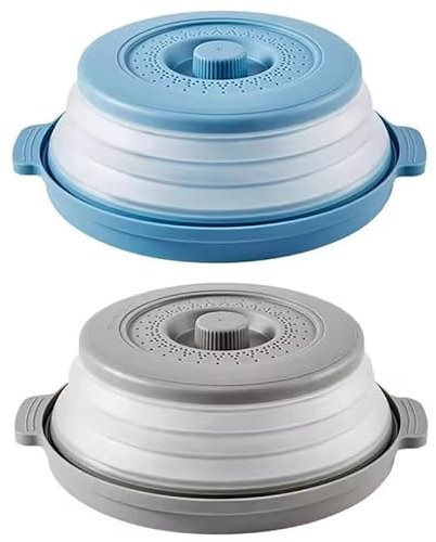 Tapa para plato de comida para microondas con bandeja, con asa ventilada, apta para la cocina y libre de bisfenol A (BPA). (Gris + azul (juego de 2 piezas))