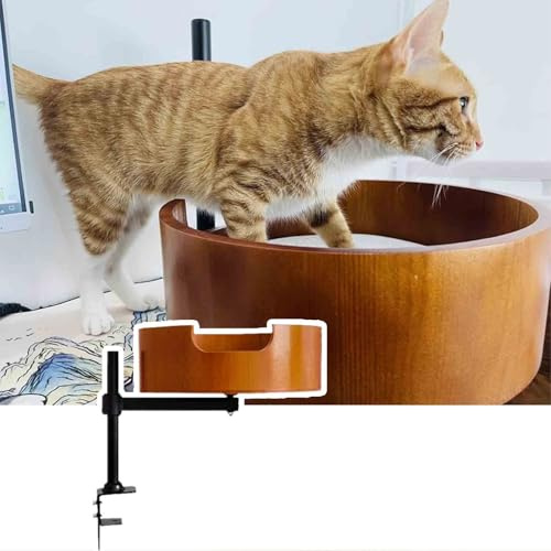 Wooden Cat Nest Bed, Elevated Perch Shelf for Indoor Cats, Desktop Hammock Bowl with Soft Cushion for Gaming Desks